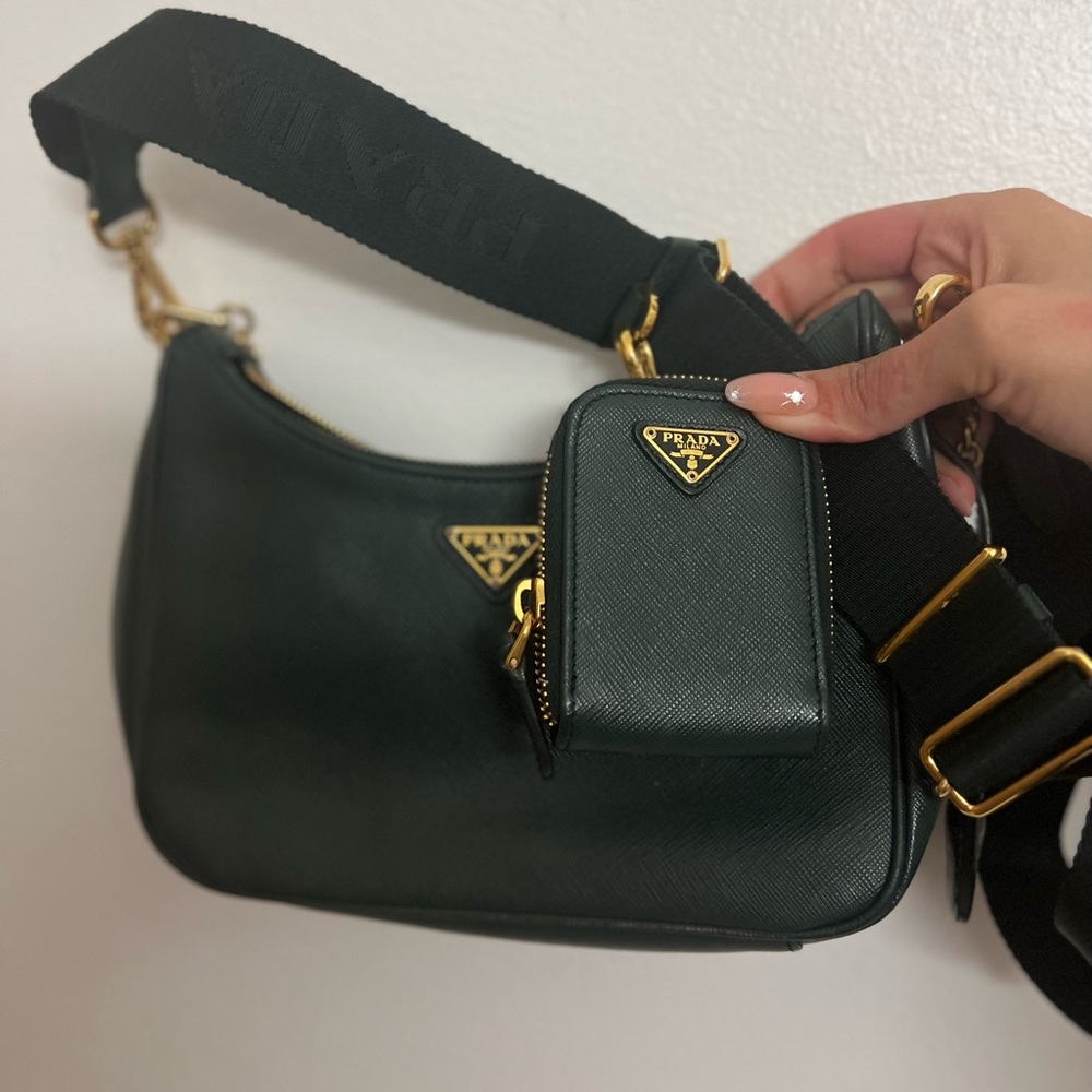 Dark hunter green leather Prada cross body purse